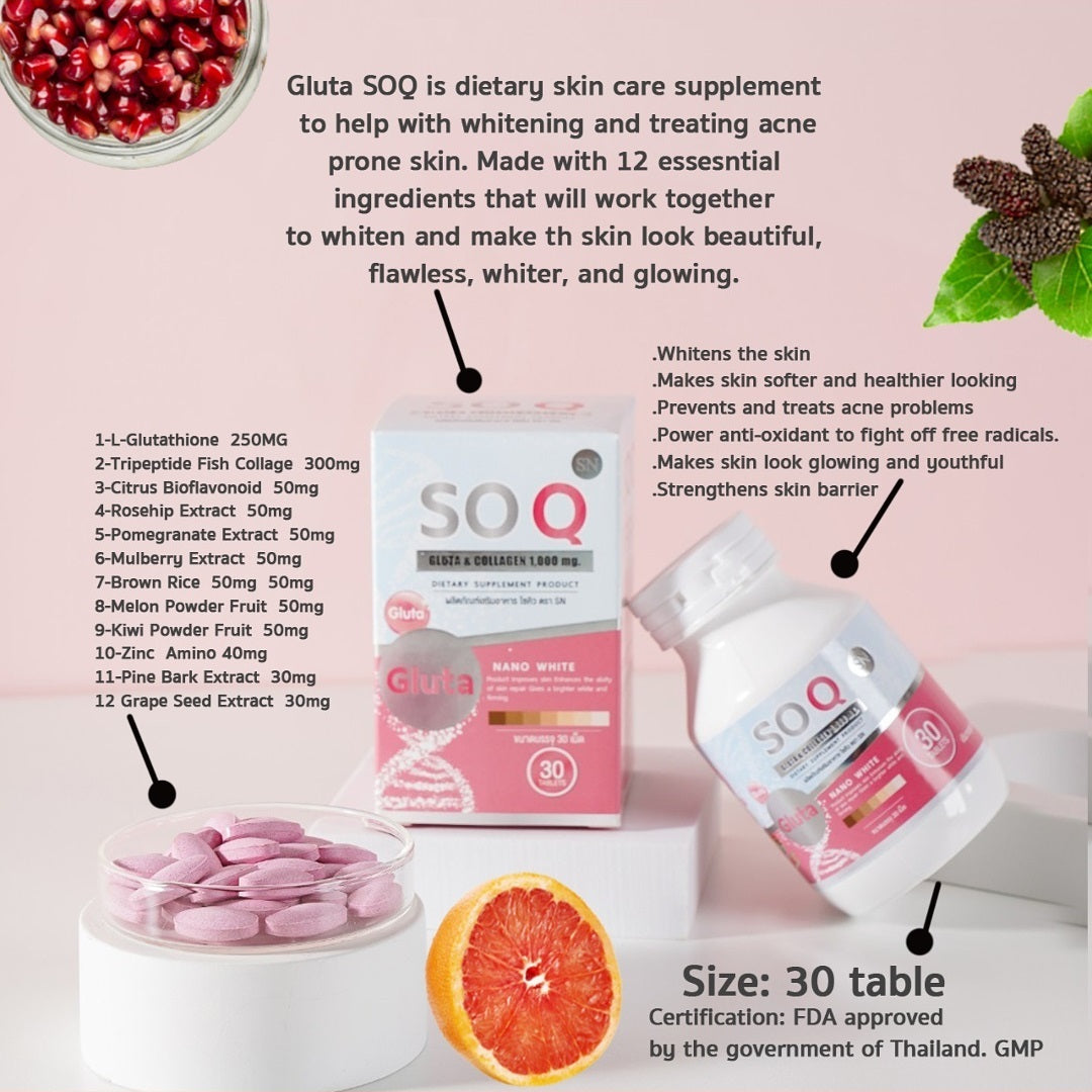 SOQ Gluta & Collagen 1000mg Dietary Supplements, 30 Tablets